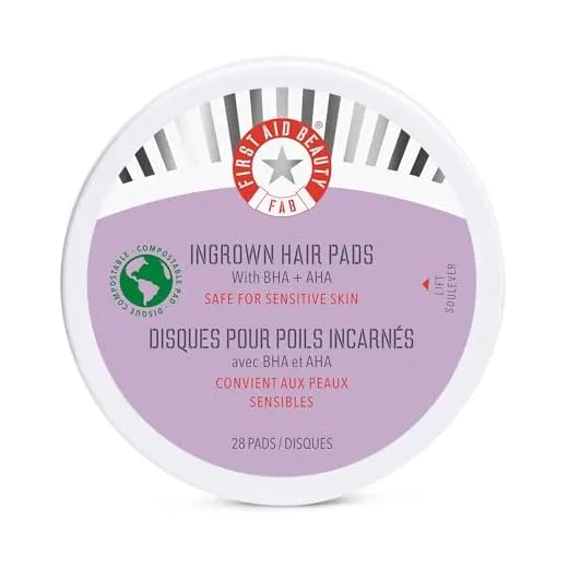 First Aid Beauty Ingrown Hair Pads with BHA & AHA – Daily Treatment Prevents Razor Bumps + Ingrown Hairs and Soothes Irritation – 28 Pads