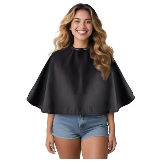Noverlife Black Makeup Cape, Chemical & Water Proof Beauty Salon Shorty Smock for Clients, Lightweight Comb-out Beard Apron Shortie Makeup Bib Styling Shampoo Cape for Makeup Artist Beautician