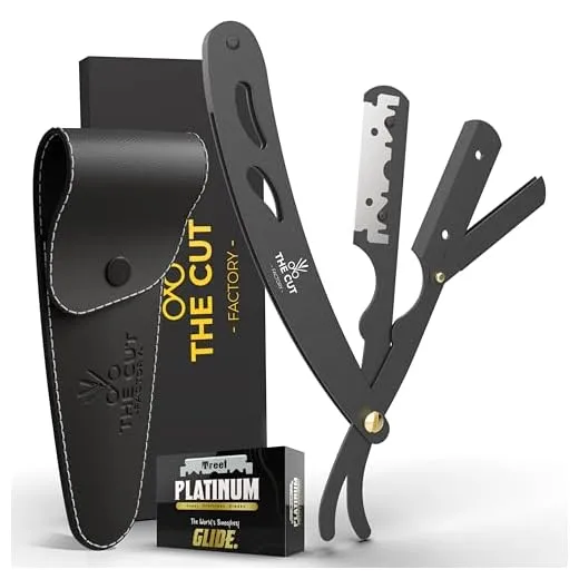The Cut- Factory- Straight Razor with 100 Pack Platinum Treat Professional Barber Single Blade Edge Razors for Men for Close Shaving 100 Percent Stainless Steel-Black