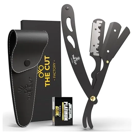 The Cut- Factory- Straight Razor with 100 Pack Platinum Treat Professional Barber Single Blade Edge Razors for Men for Close Shaving 100 Percent Stainless Steel-Black