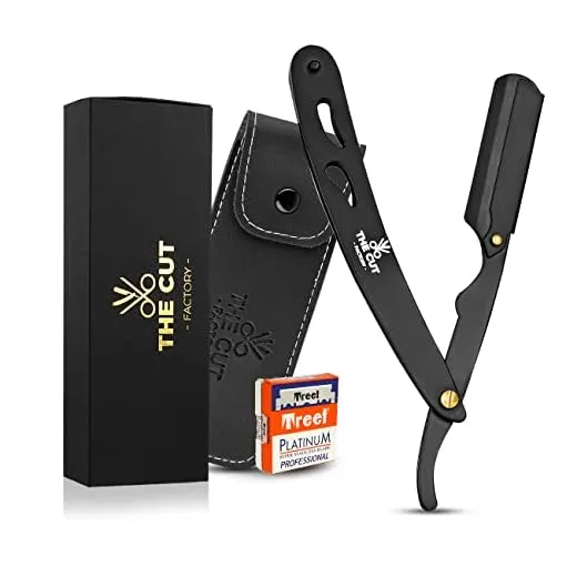 The Cut- Factory- Straight Razor with 100 Pack Platinum Treat Professional Barber Single Blade Edge Razors for Men for Close Shaving 100 Percent Stainless Steel-Black