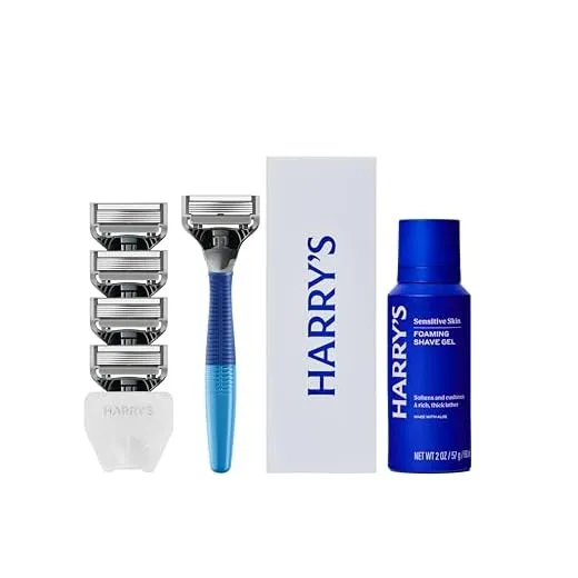 Harry's Razors for Men - Men's Razor Set with 5 Razor Blade Refills, Travel Blade Cover, 2 oz Shave Gel (Ocean Blue)
