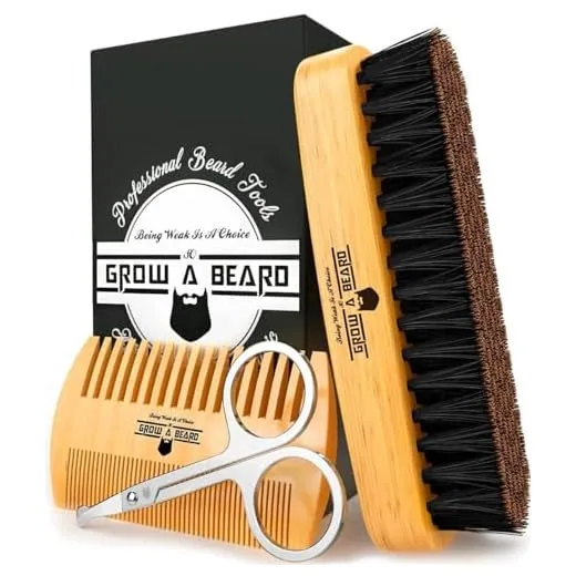 Beard Brush For Men & Beard Comb Set w/Mustache Scissors Grooming Kit, Natural Boar Bristle Brush, Dual Action Wood Comb, And Travel Bag Great For Christmas Gift