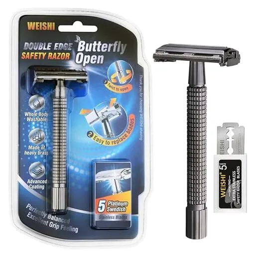 WEISHI Safety Razor Double Edge Nostalgic Long Handle Butterfly Open Razor