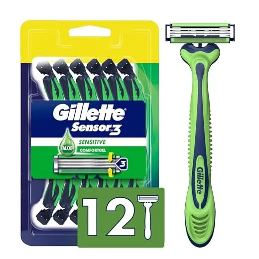 Gillette Sensor3 Sensitive Men's Disposable Razor, 12 Razors