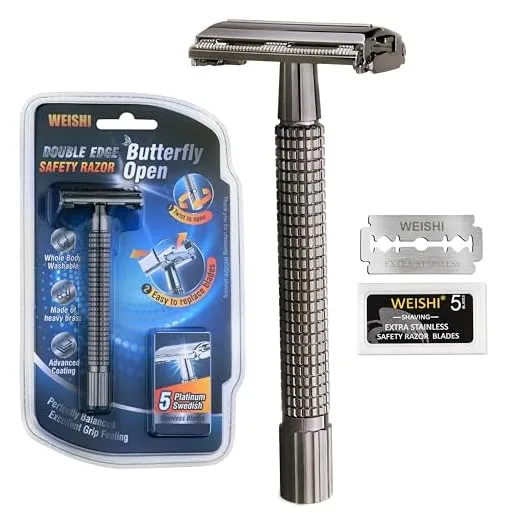 WEISHI Safety Razor Double Edge Nostalgic Long Handle Butterfly Open Razor