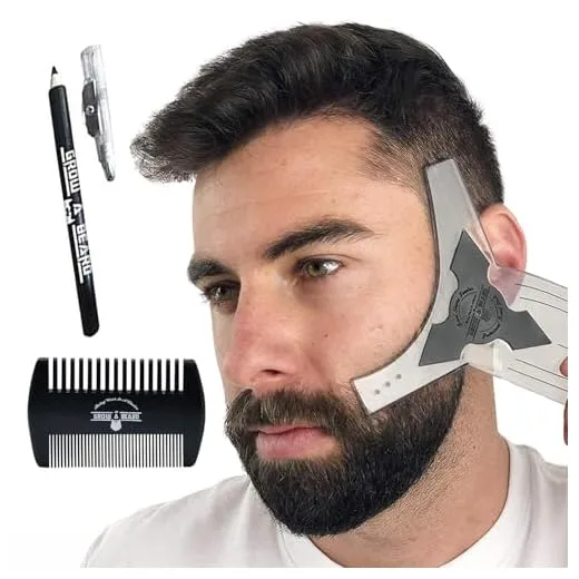 Beard Shaper & Beard Shaping Tool for Men, Beard Lineup Guide Template, Perfect for Styling and Edging, Includes Dual Action Beard Comb & Barber Pencil Liner