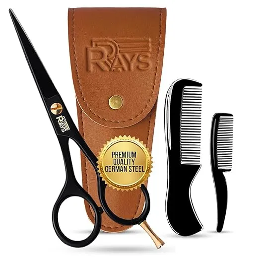 5'' Beard Scissors for Men- German Mustache Scissors with Beard & Mustache Comb- Beard Trimming Scissors with Travel Pouch- Mustache Grooming kit for men Facial Hair Styling-Mustache Trimmer.