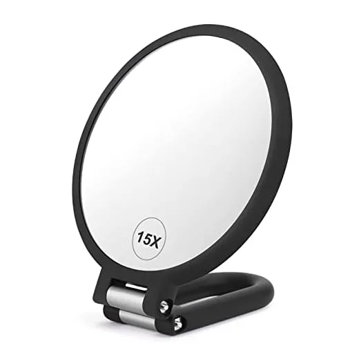 CLSEVXY Magnifying Handheld Mirror Double Sided, 1X 15X Magnification Hand Mirror, Travel Folding Held Adjustable Rotation Pedestal Makeup Desk Vanity