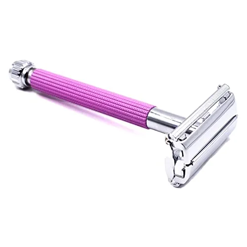 Parker 29L Long Handle Women's Double Edge Butterfly Open Double Edge Safety Razor (Lavender) with 5 Parker Premium Platinum Blades – Textured Plated Brass Handle