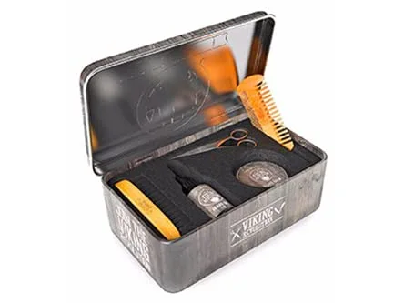 Viking Revolution Beard Care Kit for Men - Kit includes 100% Boar Beard Brush, Wooden Comb, Beard Balm, Beard Oil, Beard & Mustache Scissors in a Metal Box