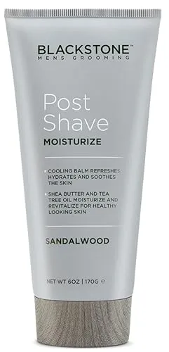 Blackstone Men's Grooming Post Shave Moisturizer with Tea Tree Oil, Shea Butter, Vitamin E, & Aloe | Soothing Cooling Balm | & Paraben Free | Sandalwood (6 oz)