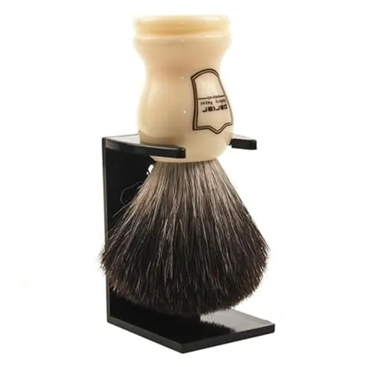 Parker 100% Black Badger Bristle Shaving Brush with White Handle–Extra Dense Badger Bristles Shave Brush Create a Superior Lather–Brush Stand Included