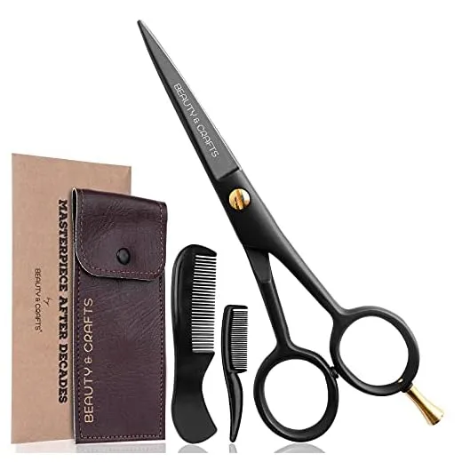 Beauty & Crafts- 5'' German Beard Mustache Scissor- 2 Mustache Combs For Facial Hair with Beautiful Pouch - Beard Trimming Scissors Use For Grooming, Cutting, And Styling (Black)
