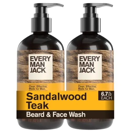 Every Man Jack Beard + Face Wash for Men, Sandalwood Teak, 6.7 fl.oz (2 Pk) | Gently Cleanse Skin & Beard, Relieves Flakes & Itch, Naturally Derived Glycerin and Aloe Nourishes, Beard Shampoo