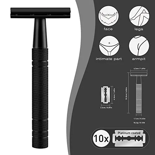 Matte Black Double Edge Safety Razor for Men, with 10 Platinum Coated Double Edge Safety Razor Blades, Single Blade Razor for Men Shaving, Reusable Travel Essentials Women Razor…
