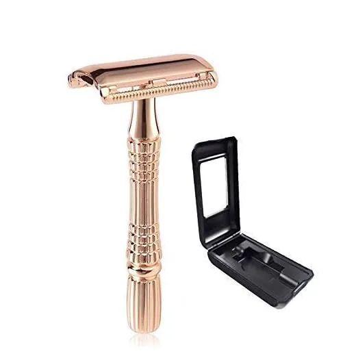 Rose Gold Safety Razor with Travel Case Sicastar® Double Edge Razor (Includes 5 Reusable Razor Blades), Men's Shaving Safety Razor for Women and Men Texture Handle for Comfortable Grip