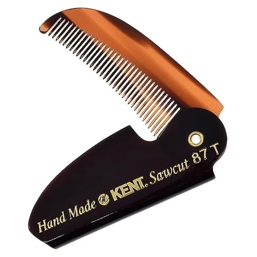 Kent 87T Handmade Folding Pocket Comb for Men, Fine Tooth Hair Comb Straightener for Everyday Grooming Styling Hair, Beard or Mustache, Use Dry or with Balms, Saw Cut Hand Polished, Made in England