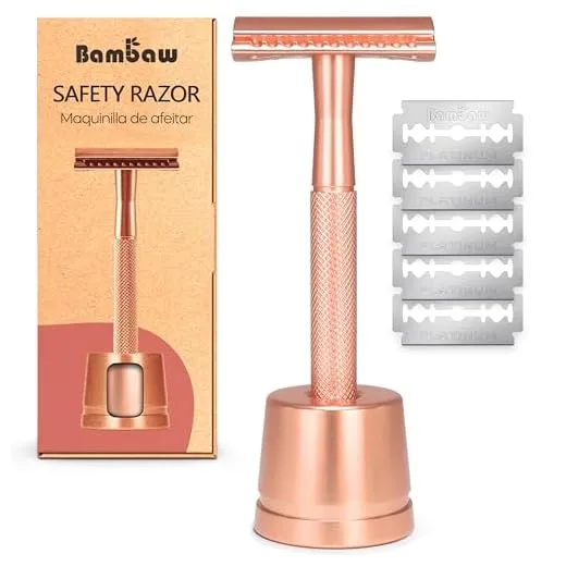 Bambaw Double Edge Safety Razor with Stand, Women Razor with 5 Double Edge Safety Razor Blades, Plastic Free Metal Razor – Rose Gold