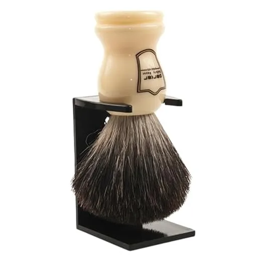 Parker 100% Black Badger Bristle Shaving Brush with White Handle–Extra Dense Badger Bristles Shave Brush Create a Superior Lather–Brush Stand Included