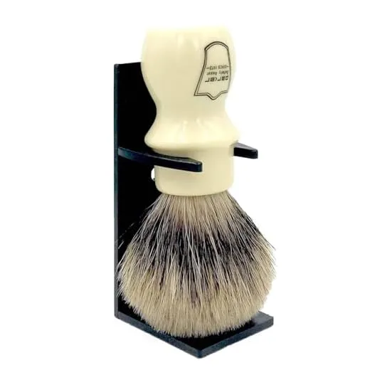 Parker 100% Black Badger Bristle Shaving Brush with White Handle–Extra Dense Badger Bristles Shave Brush Create a Superior Lather–Brush Stand Included