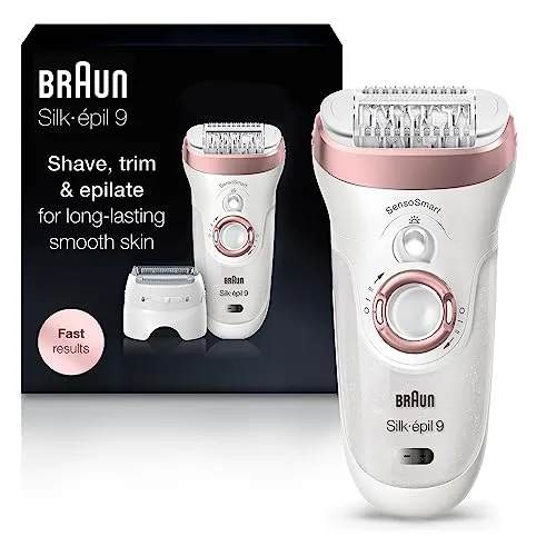 Braun Epilator Silk-épil 9 9-720, Hair Removal Device, Epilator for Women, Wet/Dry, Waterproof, 3-in-1 Epilate, Shave, or Trim, Salon-Like Smooth Skin, Womens Shaver & Trimmer, Cordless, Recharge...