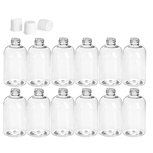 Premium Essential Oil 4 Ounce Boston Round Bottles, PET Plastic Empty Refillable BPA-Free, with White Press Down Disc Caps (Pack of 12) (Clear)