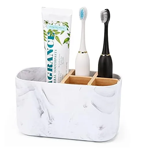 GFWARE Toothbrush Holders for Bathrooms, 5 Slots Bamboo Toothbrush Holder Kids Electric Toothbrush Holder and Toothpaste Holder for Bathroom Countertop Accessories Storage, Marble Toothbrush Organizer