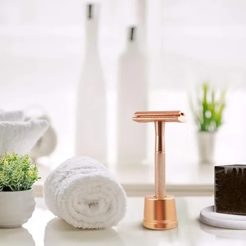 Bambaw Double Edge Safety Razor with Stand, Women Razor with 5 Double Edge Safety Razor Blades, Plastic Free Metal Razor – Rose Gold