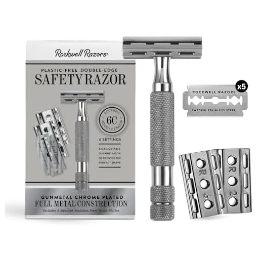 ROCKWELL RAZORS 6C Gunmetal Chrome Double-Edge Safety Razor with 6 Adjustable Shave Settings and 5 Blades