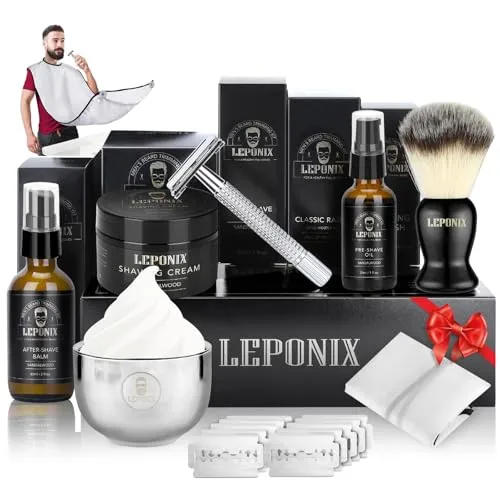 LEPONIX Shaving Kit for Men with Safety Razor Brush Bowl and Beard Bib
