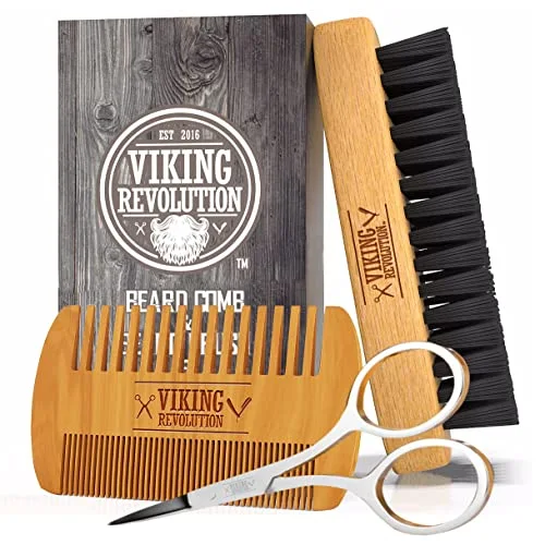 Viking Revolution Beard Comb and Beard Brush Set with Velvet Pouch