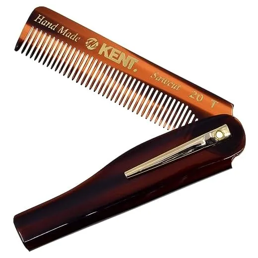 Kent 20T Handmade Folding Pocket Comb for Men, Fine Tooth Hair Comb Straightener for Everyday Grooming Styling Hair, Beard or Mustache, Use Dry or with Balms, Saw Cut Hand Polished, Made in England