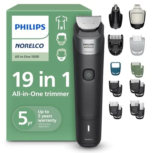 Philips Norelco All-in-One 5000 19-in-1 Trimmer, Face, Hair & Body, Black | Beard and Hair Grooming, Nose and Ear Trimming, Body Hair Trimming, 19 Attachments, 17 Length Settings, 3-Hour Runtime