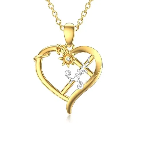 14K Gold Cross Necklace for Women, Solid Gold Heart Sunflower