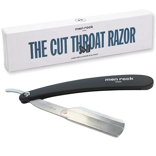 Men Rock The Cut Throat Razor - Stainless Steel Straight Razors for Men - With Replaceable Blades - Beard Shaping Tool - Beard Care for Men - 6 Pc