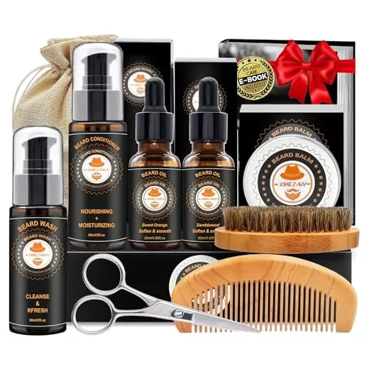 XIKEZAN Upgraded Beard Grooming Kit w/Beard Conditioner,Beard Oil,Beard Balm,Beard Brush,Beard Wash,Beard Comb,Beard Scissor,Bag,E-Book,Beard Care Daddy Gifts for Men Him Dad Husband Boyfriend