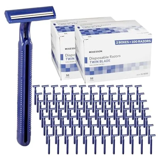 McKesson Disposable Razors, Shaving Razor, Twin Blade, Stainless Steel Blade, Blue, 50 Count, 2 Packs, 100 Total