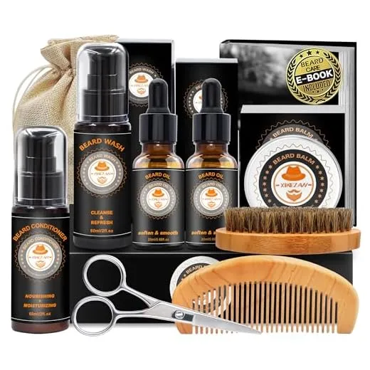 XIKEZAN Upgraded Beard Grooming Kit w/Beard Conditioner,Beard Oil,Beard Balm,Beard Brush,Beard Wash,Beard Comb,Beard Scissor,Bag,E-Book,Beard Care Daddy Gifts for Men Him Dad Husband Boyfriend