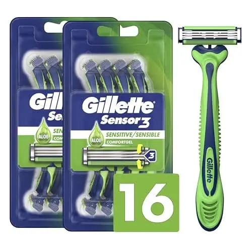 Gillette Sensor3 Sensitive Disposable Razors for Men, Enhanced Lubrastrip Glides