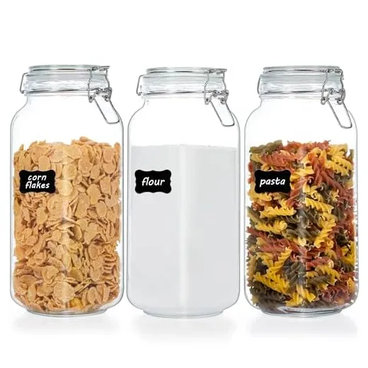 Vtopmart 78oz Glass Food Storage Jars with Airtight Clamp Lids, 3 Pack Large Kitchen Canisters for Flour, Cereal, Coffee, Pasta and Canning, Square Mason Jars with 8 Chalkboard Labels