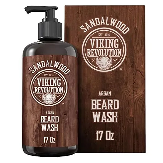 Viking Revolution Beard Wash Shampoo w/Argan & Jojoba Oils - Softens & Strengthens - Sandalwood Scent - Beard Shampoo w/Beard Oil (17 oz Shampoo)