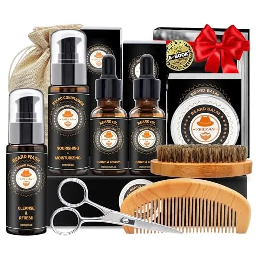 XIKEZAN Upgraded Beard Grooming Kit w/Beard Conditioner,Beard Oil,Beard Balm,Beard Brush,Beard Wash,Beard Comb,Beard Scissor,Bag,E-Book,Beard Care Daddy Gifts for Men Him Dad Husband Boyfriend