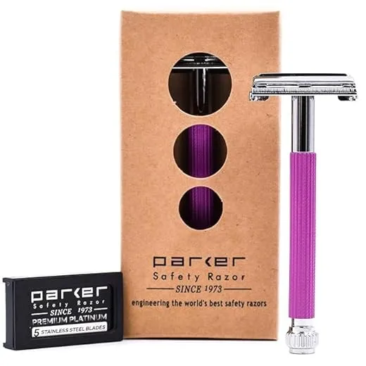 Parker 29L Long Handle Women's Double Edge Butterfly Open Double Edge Safety Razor (Lavender) with 5 Parker Premium Platinum Blades – Textured Plated Brass Handle