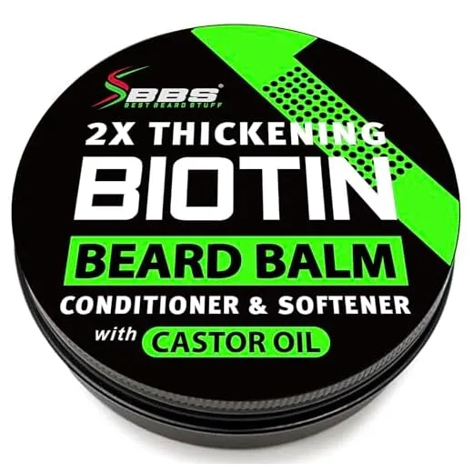 2X Thickening Biotin Beard Balm & Mustache Wax - Vegan Leave-In Conditioner, Natural Softener, Moisturizer with Castor Oil - All-Natural Care for Thicker Facial Hair Growth - USA Made