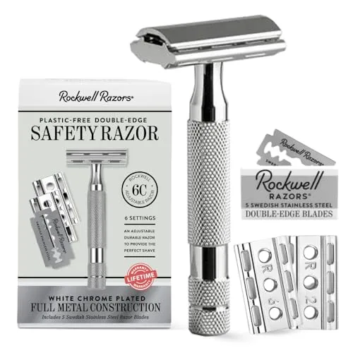 ROCKWELL RAZORS 6C White Chrome Safety Razor for Sensitive Skin. Reduces Razor Burn and Irritation. Comes with 6 Adjustable Shave Settings and 5 Recyclable Blades. Reusable Razor for Men and Women