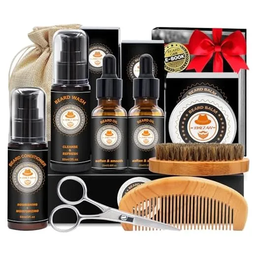XIKEZAN Upgraded Beard Grooming Kit w/Beard Conditioner,Beard Oil,Beard Balm,Beard Brush,Beard Wash,Beard Comb,Beard Scissor,Bag,E-Book,Beard Care Daddy Gifts for Men Him Dad Husband Boyfriend