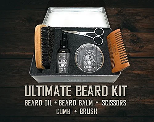 Viking Revolution Beard Care Kit for Men - Kit includes 100% Boar Beard Brush, Wooden Comb, Beard Balm, Beard Oil, Beard & Mustache Scissors in a Metal Box