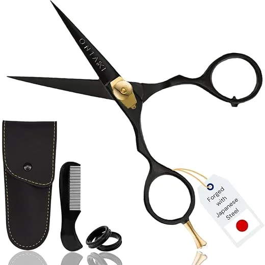 Ontaki Japanese Steel Beard & Hair Trimming Scissors - 5.5 In, Black - Finger Rest & Tension Knob for Hair & Mustache Scissors - Alloy Steel For Mustache Kit
