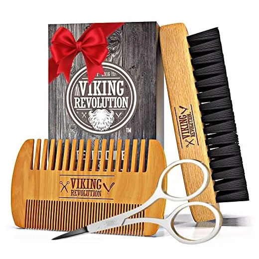 Viking Revolution Beard Comb & Beard Brush Set for Men - Natural Boar Bristle Brush and Dual Action Pear Wood Comb w/Velvet Travel Pouch - Great for Grooming Beards and Mustaches